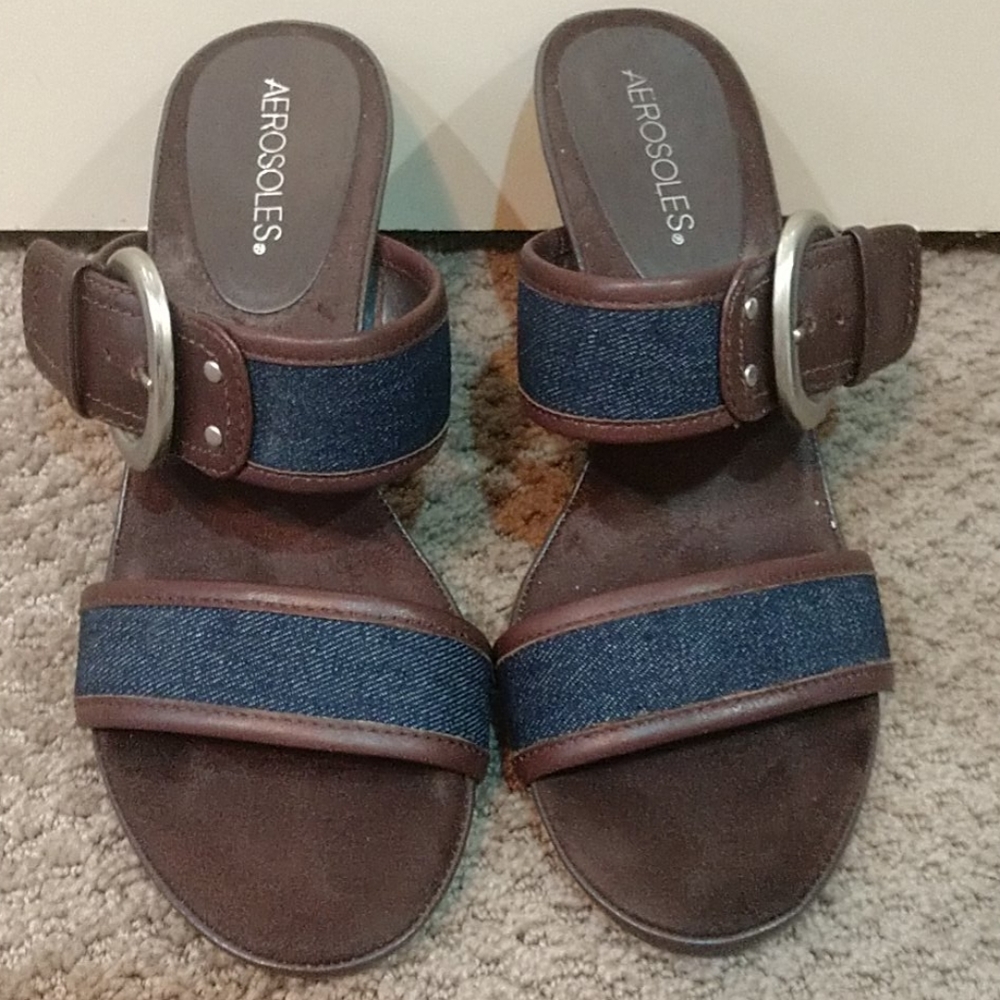 Aerosole Brown/Denim Trot Around Heeled Sandals